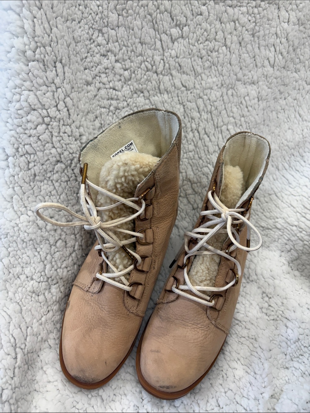 Sorel Beige Lace-Up Shearling Ankle Boots